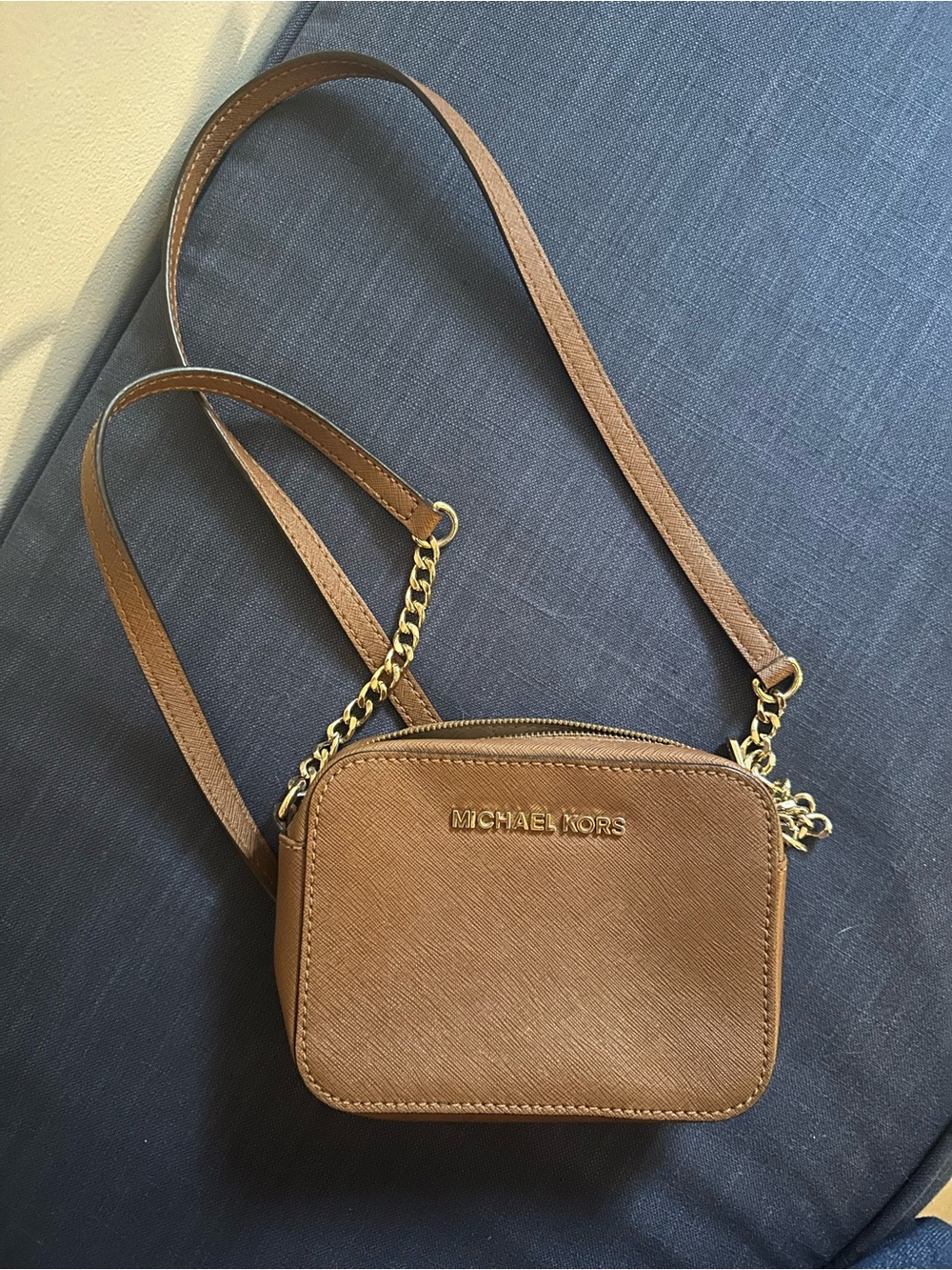 MICHAEL KORS Tan Saffiano Leather Crossbody with Gold Hardware